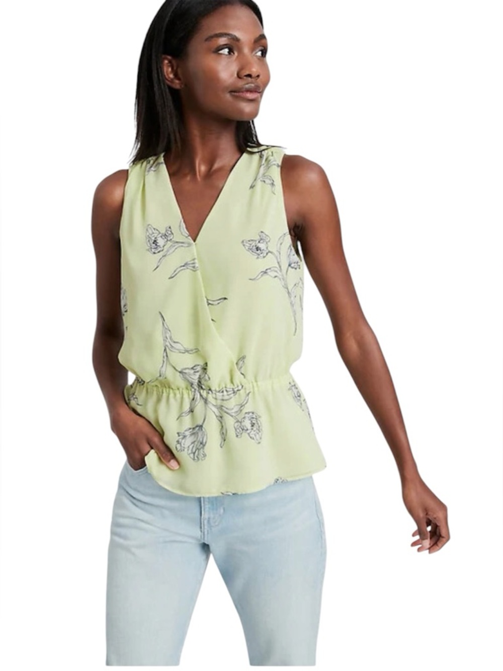 Banana Republic V Neck Peplum Sleepless Blouse Green Sage Bouquet floral NWT S